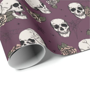 Elegant Maroon Gothic Skulls Halloween Wrapping Paper