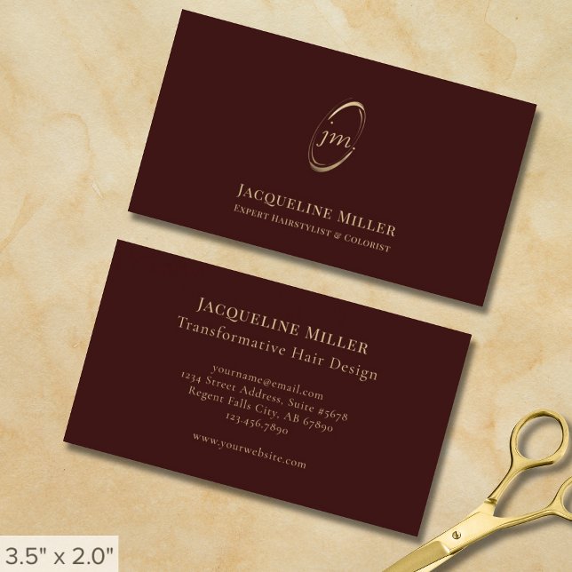 Elegant Maroon Hairstylist Chic Gold Monogram Business Card (Creator Uploaded)