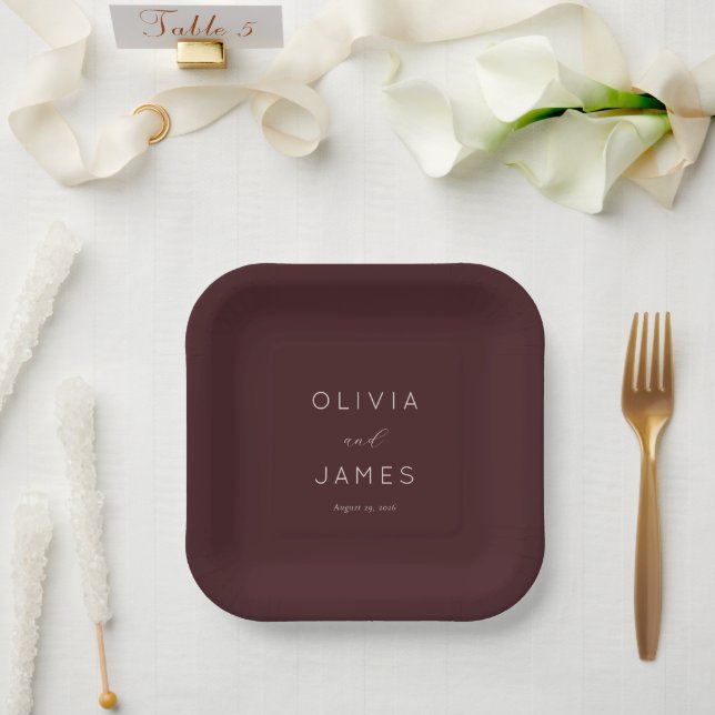 Elegant Maroon Minimalist Calligraphy Paper Plate (Wedding)