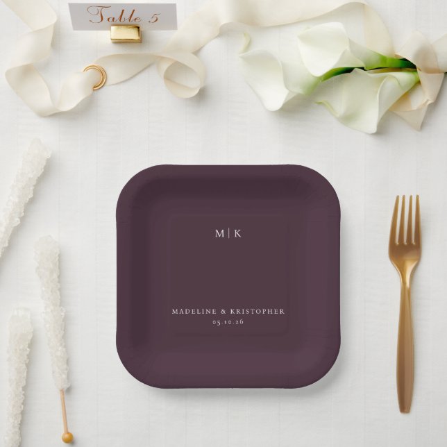 Elegant Maroon Minimalist Initials Paper Plate (Wedding)