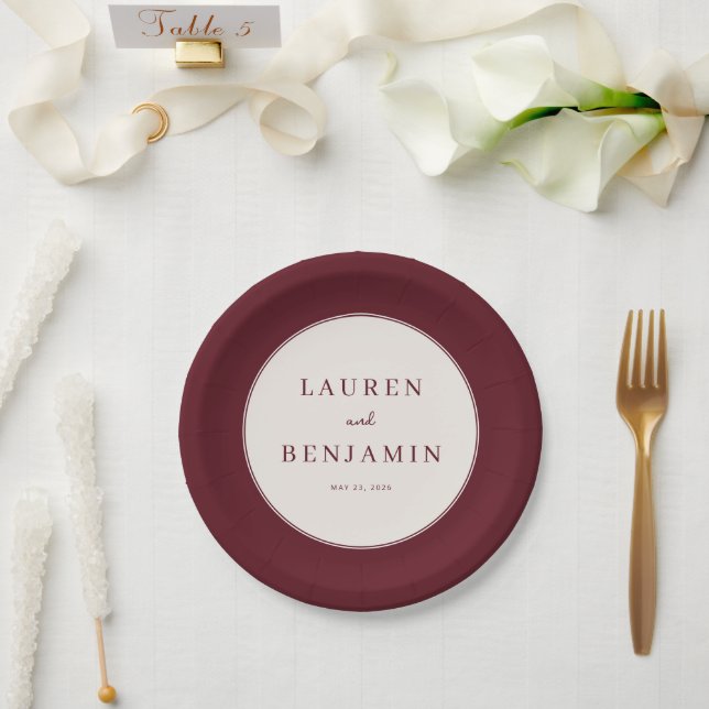 Elegant Maroon Minimalist Wedding Paper Plate (Wedding)