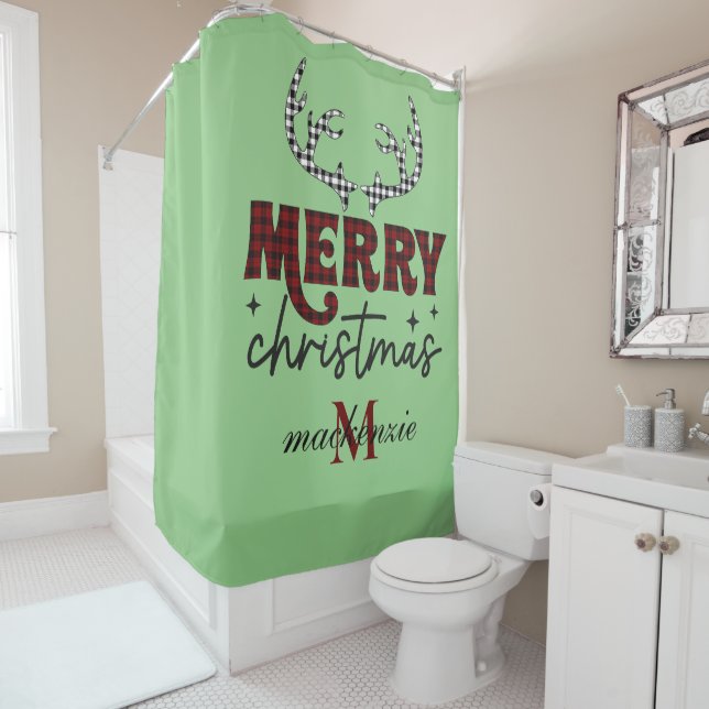 Elegant Maroon & Orange Monogram Merry Christmas Shower Curtain (In Situ)