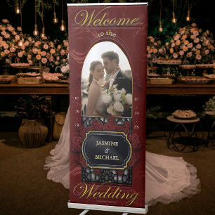 Elegant Maroon Red and Gold Wedding Welcome Photo Retractable Banner