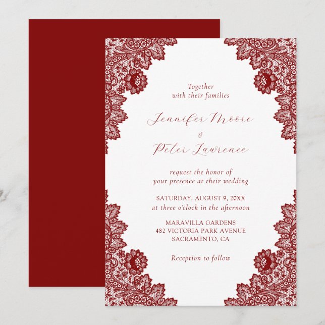 Elegant Maroon Red Lace Wedding Invitation (Front/Back)