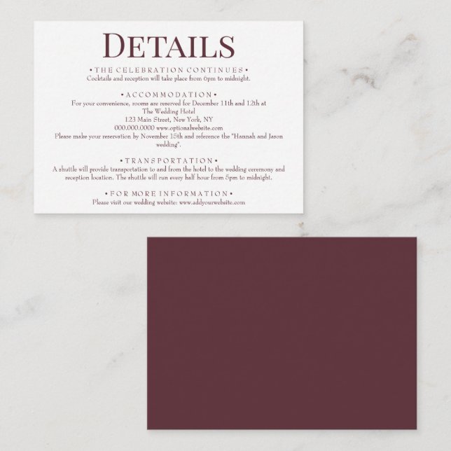Elegant Maroon Red Wedding Details Enclosure Card (Front/Back)