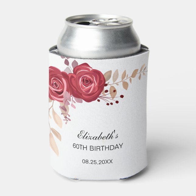 Elegant Maroon Rose Floral Greenery Birthday Can Cooler (Can Front)