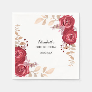 Elegant Maroon Rose Floral Greenery Birthday Napkin