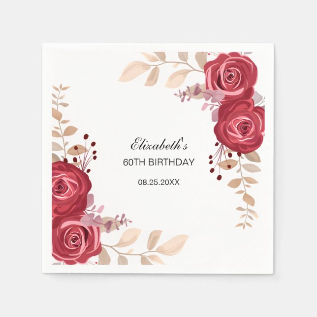 Elegant Maroon Rose Floral Greenery Birthday Napkin (Front)