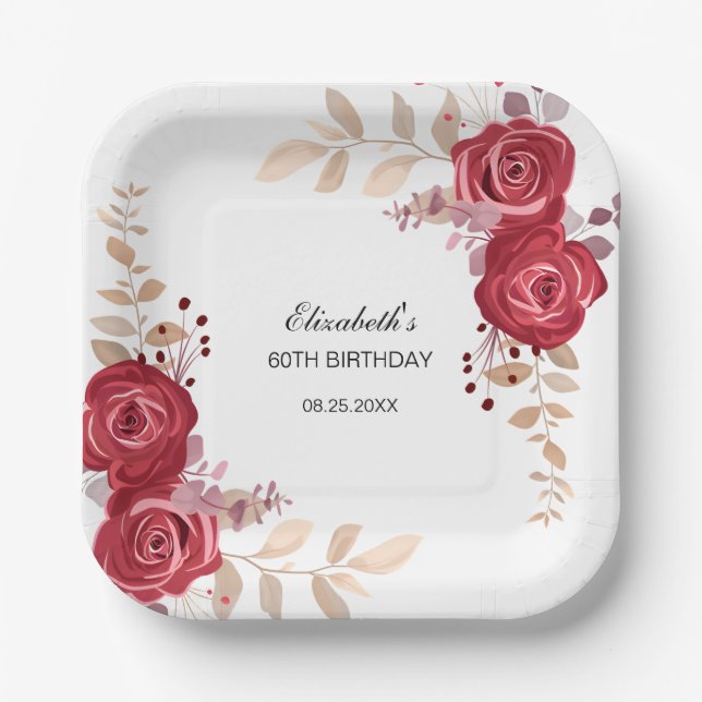 Elegant Maroon Rose Floral Greenery Birthday Paper Plate (Front)