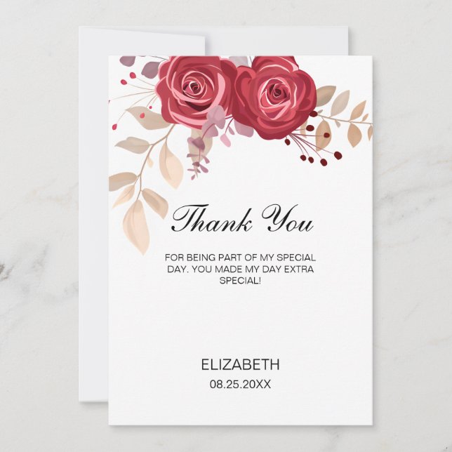 Elegant Maroon Rose Floral Greenery Birthday Thank You Card (Front)