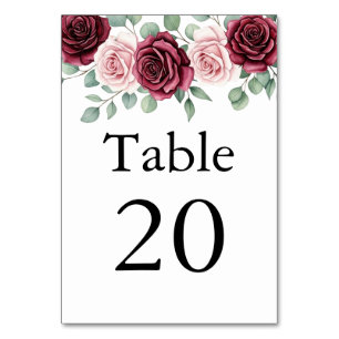 Elegant Maroon Rose Watercolor Botanical Wedding  Table Number