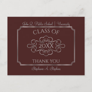 Elegant Maroon Silver College Graduation Thank You Postcard