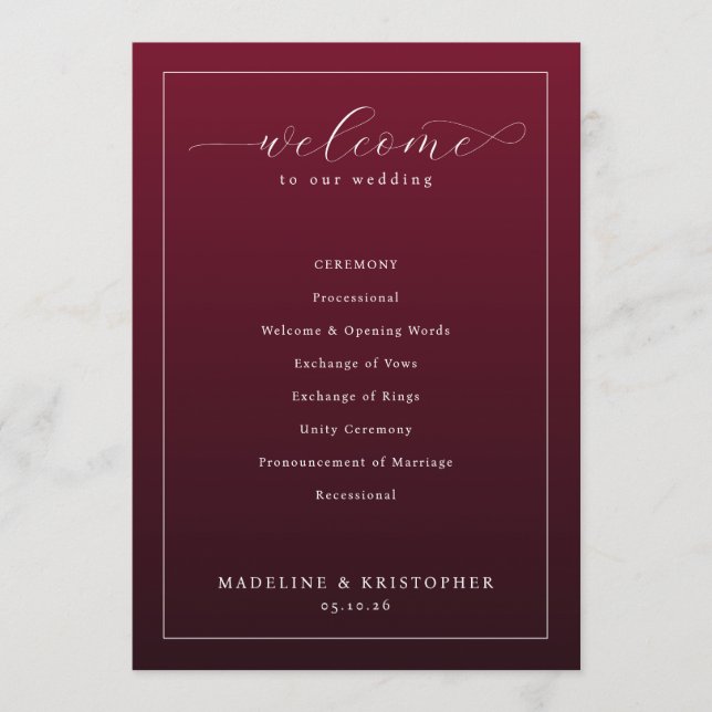 Elegant Maroon Wedding Ceremony Program Programme (Front)