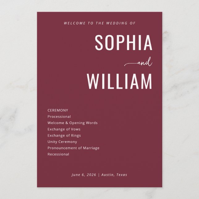 Elegant Maroon Wedding Ceremony Programme (Front)