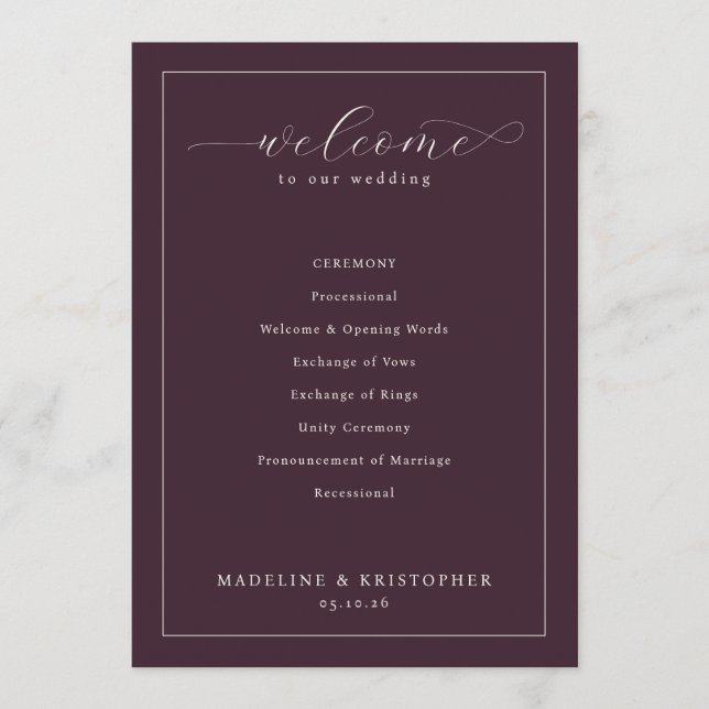 Elegant Maroon Wedding Ceremony Schedule Programme (Front)