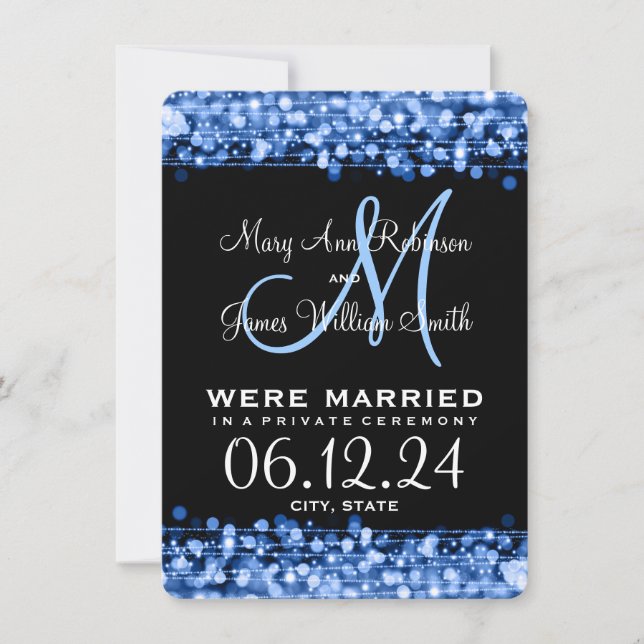 Elegant Marriage Elopement Sparkles Blue Announcement (Front)