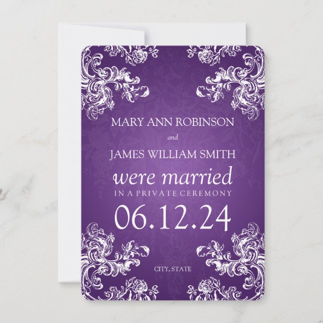 Elegant Marriage Elopement Vintage Swirls 2 Purple Announcement (Front)