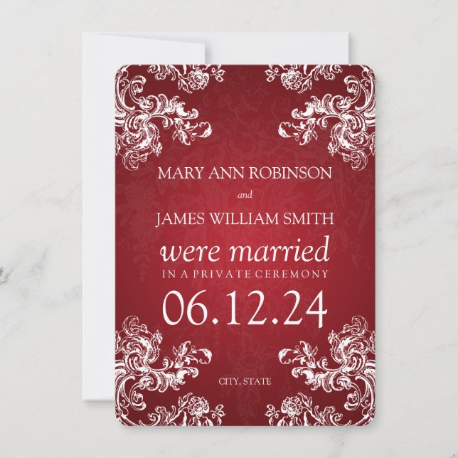 Elegant Marriage Elopement Vintage Swirls 2 Red Announcement (Front)