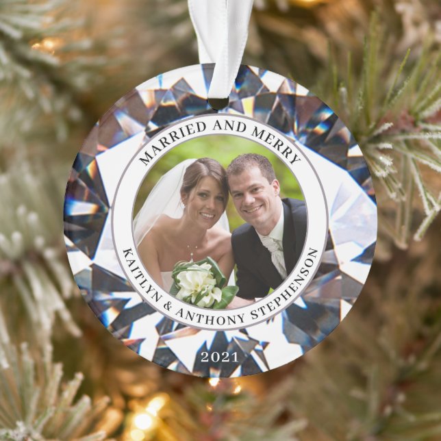Elegant MARRIED AND MERRY Diamond 2 Photo Keepsake Ornament (Tree)