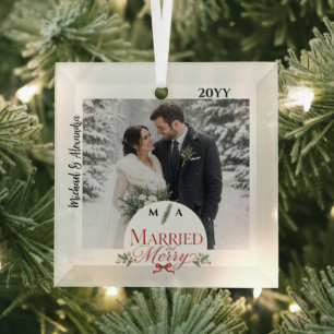 Elegant Married and Merry Newlyweds Glass Tree Decoration