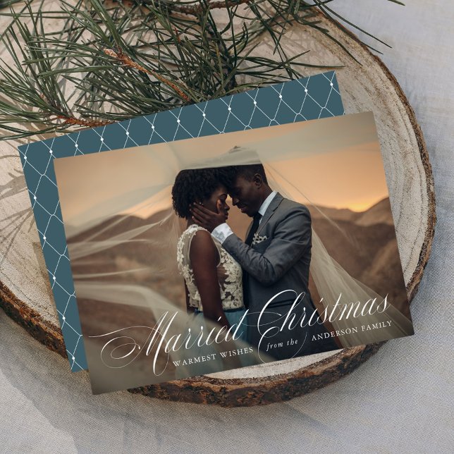 Elegant Married Christmas Calligraphy Blue Photo Holiday Card (Creator Uploaded)