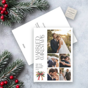 Elegant Married Christmas Red Bow Newlywed 5 Photo Holiday Card