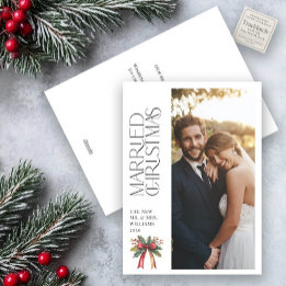 Elegant Married Christmas Red Bow Newlywed Photo Holiday Card