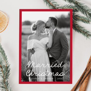 Elegant Married Christmas Script Red 2 Photo Holiday Card