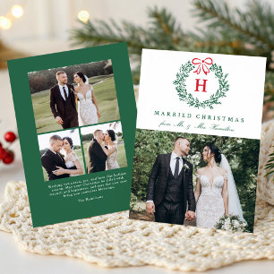 Elegant Married Christmas Wreath Monogram 4 Photo Holiday Card
