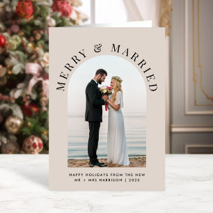 Elegant Married Merry Arch Photo Taupe Christmas Holiday Card