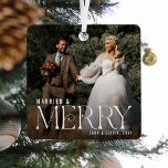 Elegant Married & Merry Newly Weds Photo Keepsake Metal Tree Decoration<br><div class="desc">Commemorate your marriage this year with this simple keepsake full photo christmas ornament. Featuring a photograph of the newlyweds,  the text 'MARRIED & MERRY' in elegant white typography,  name/s of the bride and groom and year.</div>