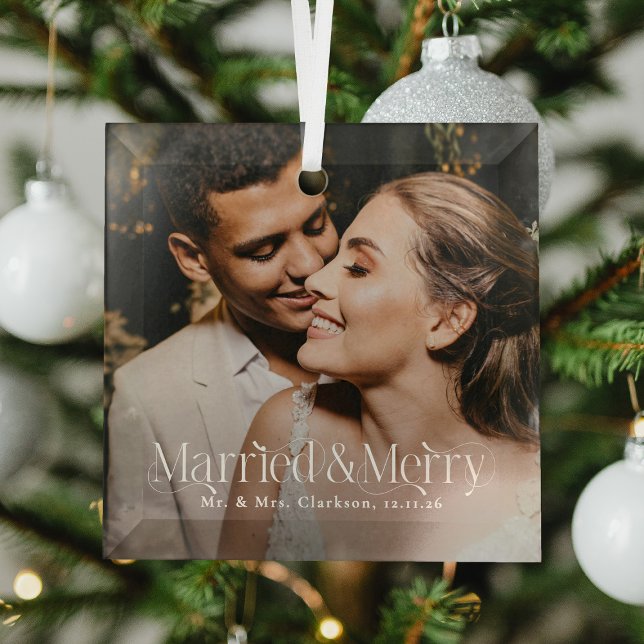 Elegant Married & Merry Newlywed Photo, Christmas Glass Tree Decoration (Creator Uploaded)