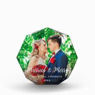 Elegant Married & Merry Photo Wedding Octagon Block