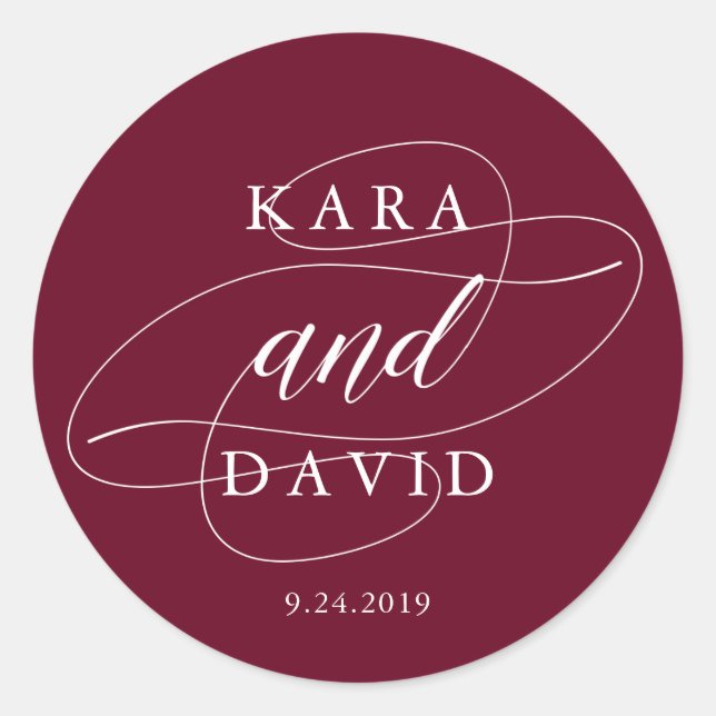 Elegant Marsala and White Calligraphy Wedding Classic Round Sticker (Front)