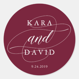 Elegant Marsala and White Calligraphy Wedding Classic Round Sticker