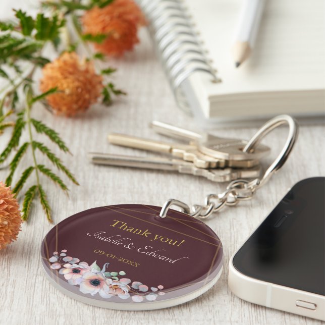 Elegant Marsala Blush Anemone Flowers Wedding Key Ring (Front Right)