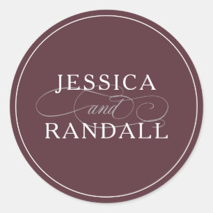 Elegant Marsala Burgundy Red Bride and Groom Logo Classic Round Sticker