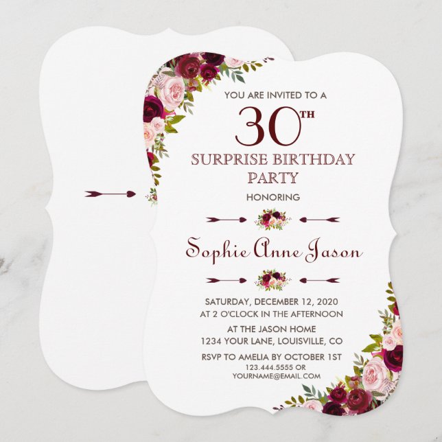 Elegant Marsala Floral Burgundy Fall 30th Birthday Invitation (Front/Back)