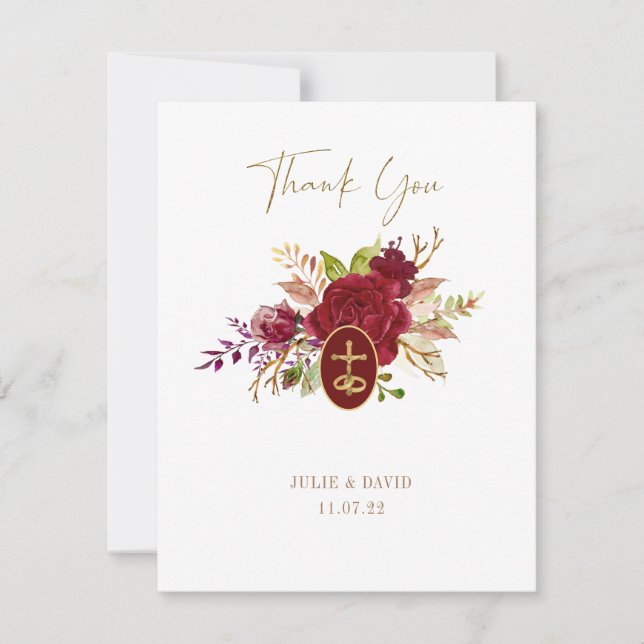 Elegant Marsala Floral Gold Crucifix Wedding Thank Thank You Card (Front)