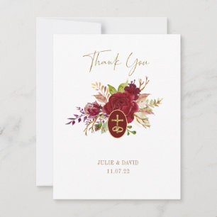Elegant Marsala Floral Gold Crucifix Wedding Thank Thank You Card