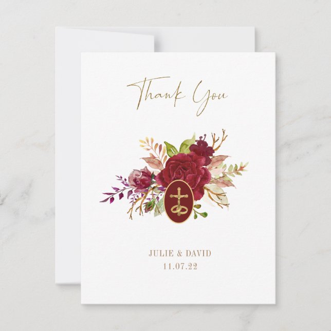 Elegant Marsala Floral Gold Crucifix Wedding Thank You Card (Front)