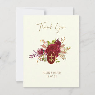 Elegant Marsala Floral Gold Crucifix Wedding  Thank You Card