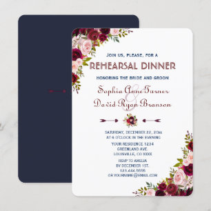 Elegant Marsala Floral Navy Blue Rehearsal Dinner Invitation