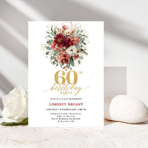 Elegant Marsala Gold Autumn Floral 60th Birthday Invitation