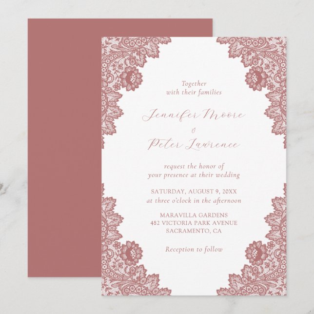 Elegant Marsala Lace Wedding Invitation (Front/Back)