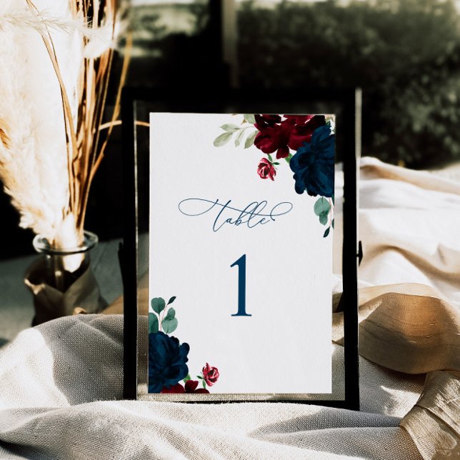 Elegant Marsala & Navy Flowers Table 1 Wedding Table Number (Creator Uploaded)