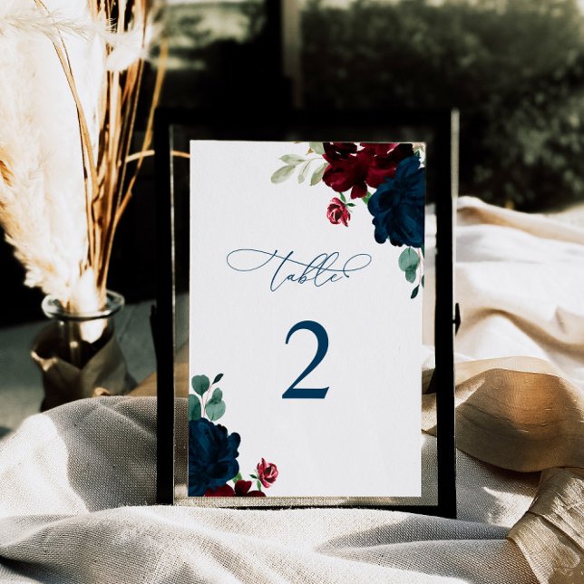 Elegant Marsala & Navy Flowers Table 2 Wedding Table Number (Creator Uploaded)