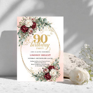 Elegant Marsala Peonies Eucalyptus 90th Birthday Invitation
