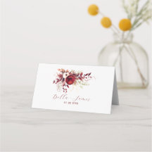 Elegant Marsala Red Floral Wedding Place Card