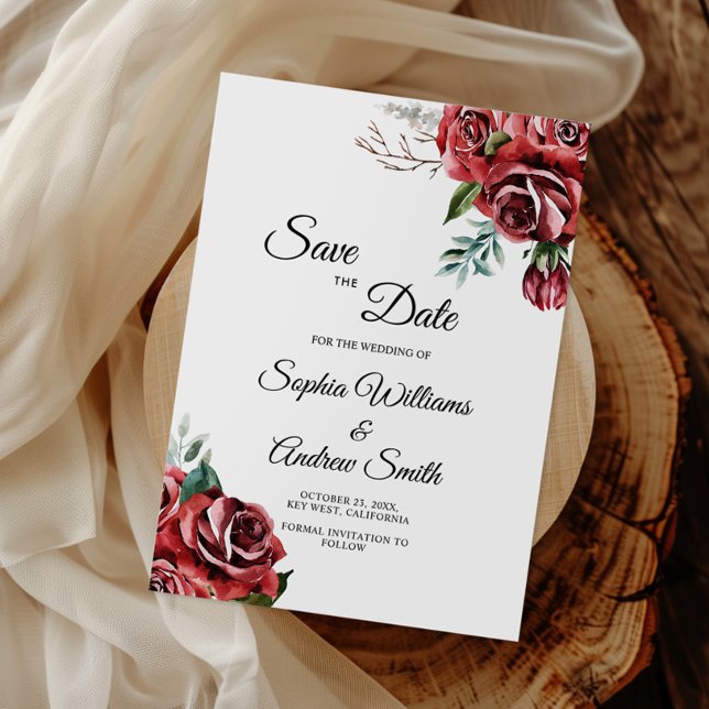 Elegant Marsala Red Rose Rustic Save The Date (Creator Uploaded)